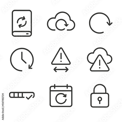 Data Sync Icon Set. Outline icon set of data backup and recovery sync: external drive with sync arrows, backup cloud icon, restore