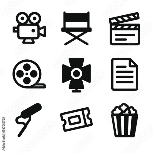 Indie Film Icons Grid. Solid, filled icon set of indie film scene: vintage camera, director chair, clapperboard, film reel,