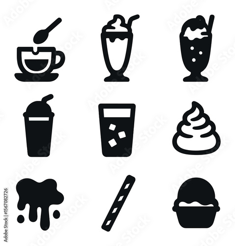 Dessert Drink Icons. Solid, filled icons set of dessert drinks: affogato, milkshake, float, frappe, cold brew,