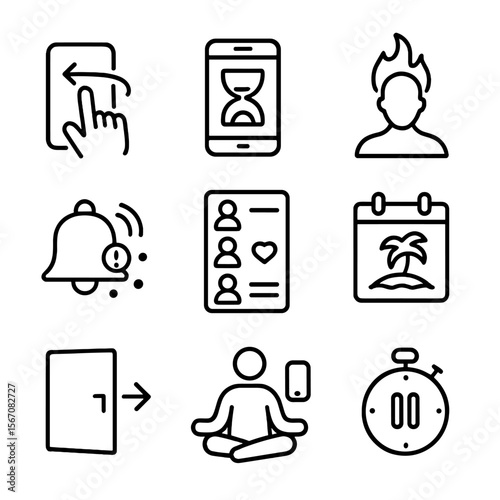 Dating App Management Icons. Outline icon set of managing dating app fatigue: endless swipe gesture, smartphone with hourglass,