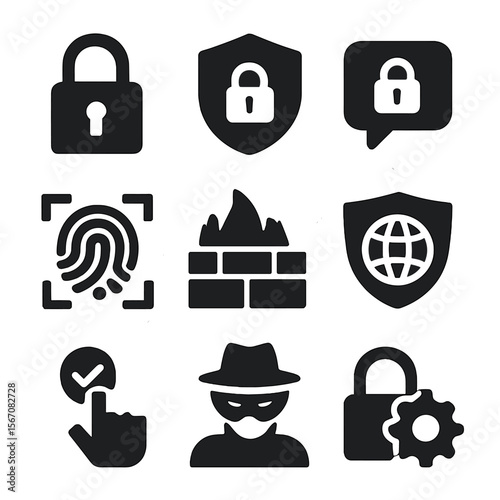 Digital Privacy Icons. Solid, filled icons set of digital rights and privacy: lock icon, data shield,