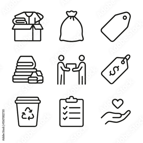 Decluttering Icon Set. Outline icon set of decluttering and donation: overflowing closet box, donation bag, label “donate” tag,