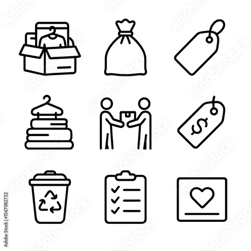 Decluttering Icon Set. Outline icon set of decluttering and donation: overflowing closet box, donation bag, label “donate” tag,
