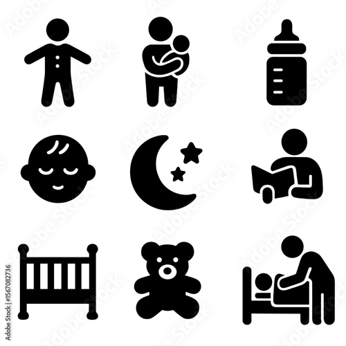 Father and Baby Routine. Solid, filled icon set of father and baby bedtime routine: baby in pajamas, father rocking baby, baby