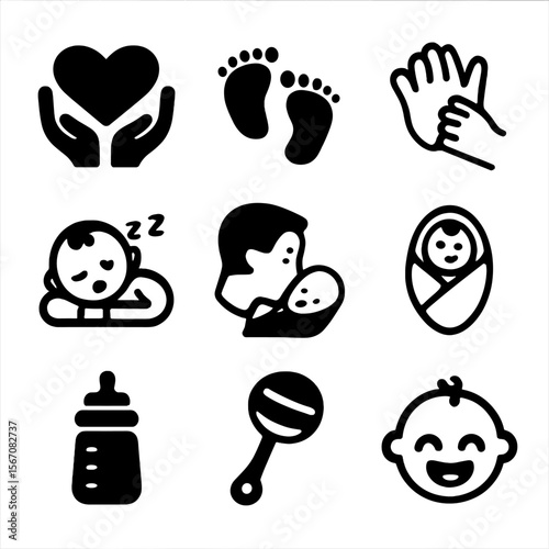 Father's Love Icons. Solid, filled icon set of father’s love and care for baby: heart shape hands, baby footprints, father and