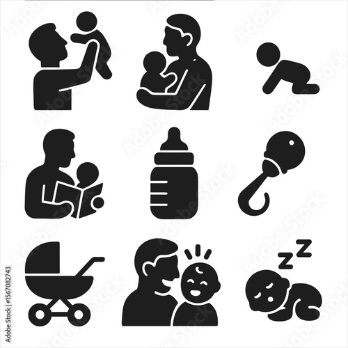 Father and Baby Icons. Solid, filled icon set of father playing with baby: lifting baby, father holding baby, baby crawling,