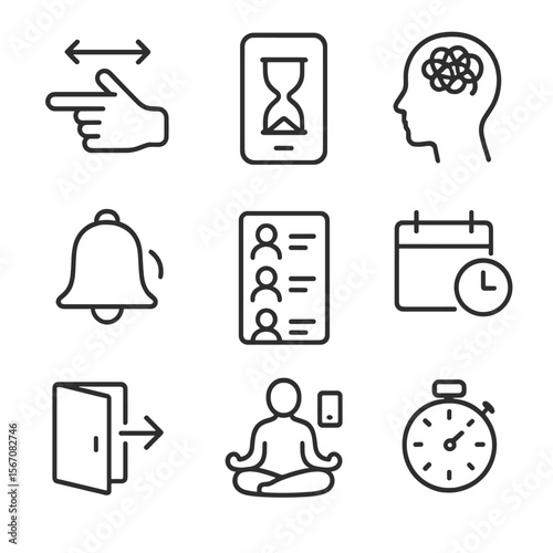 Dating App Management Icons. Outline icon set of managing dating app fatigue: endless swipe gesture, smartphone with hourglass,