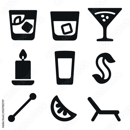 Evening Cocktail Icons. Solid, filled icons set of evening cocktails: negroni, old fashioned, espresso martini