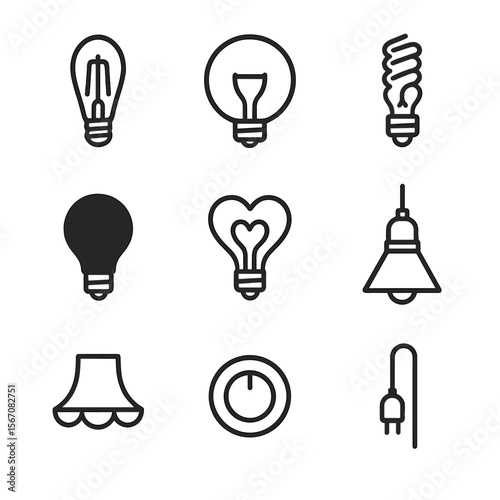 Decorative Bulb Icons. Outline icon set of decorative bulb designs: Edison filament bulb, globe bulb outline, vintage filament