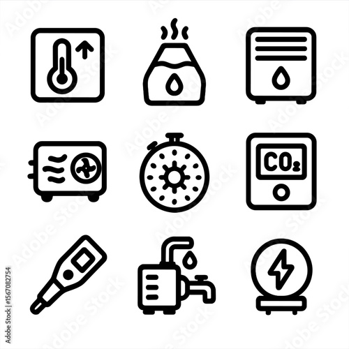 Indoor Farming Icons. Solid, filled icon set of environmental controls for indoor farming: thermostat, humidifier, dehumidifier,