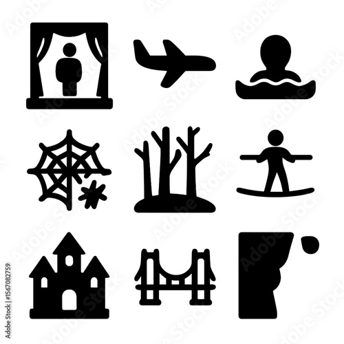 Fear Exposure Icons. Solid, filled icon set of fear exposure scenarios: public stage, flying airplane, deep water, spider web,