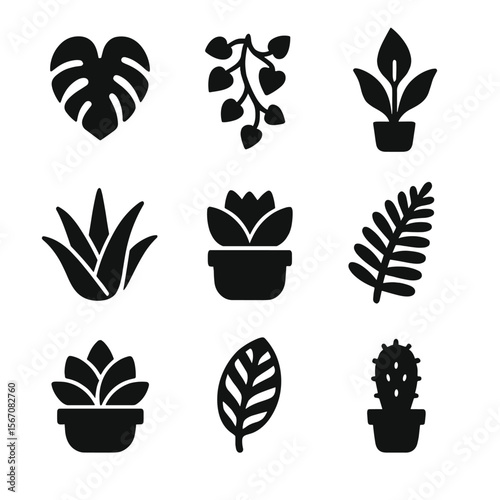 Indoor Plant Icons. Solid, filled icon set of indoor plants for bathrooms: monstera leaf, hanging ivy, peace lily, bamboo stalk,