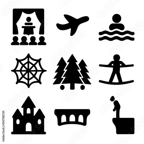 Fear Exposure Icons. Solid, filled icon set of fear exposure scenarios: public stage, flying airplane, deep water, spider web,