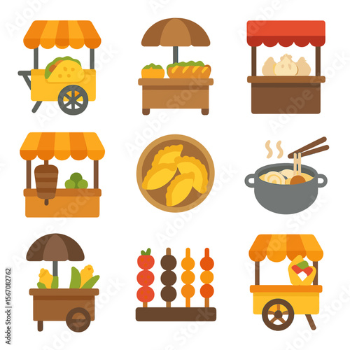 Street Food Icons. Flat icon set of local street food stalls: taco cart, banh mi stand, dumpling booth, sweet crepe wagon, falafel