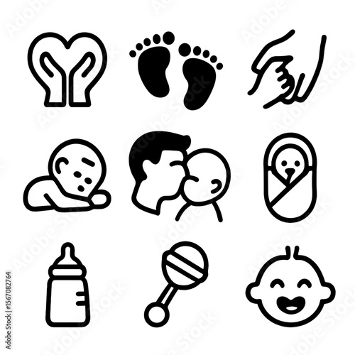 Father's Love Icons. Solid, filled icon set of father’s love and care for baby: heart shape hands, baby footprints, father and