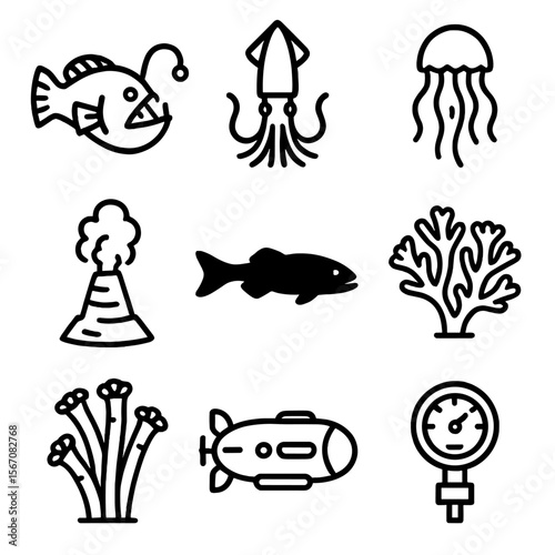 Deep Sea Icons. Outline icon set of deep sea and abyssal life: anglerfish, giant squid, bioluminescent jellyfish, hydrothermal