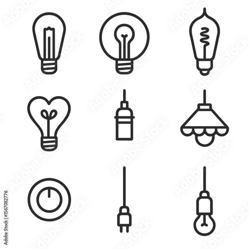 Decorative Bulb Icons. Outline icon set of decorative bulb designs: Edison filament bulb, globe bulb outline, vintage filament