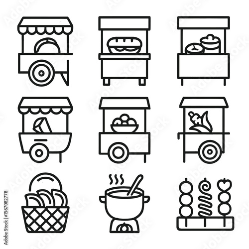 Street Food Icons. Outline icon set of local street food stalls: taco cart, banh mi stand, dumpling booth, sweet crepe wagon,