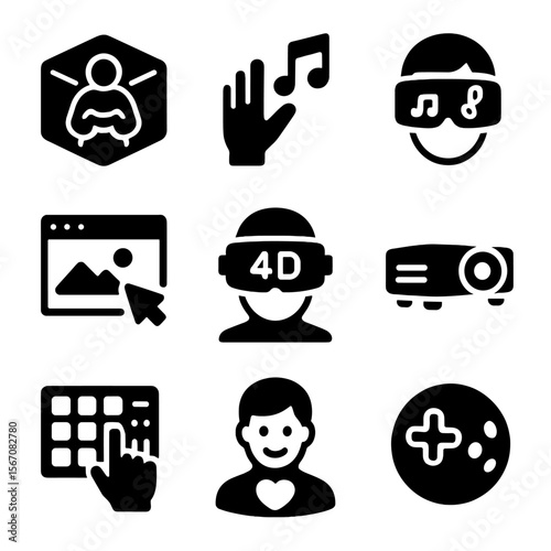 Futuristic Entertainment Icons. Solid, filled icon set of futuristic entertainment: immersive gaming cube, gesture music control,
