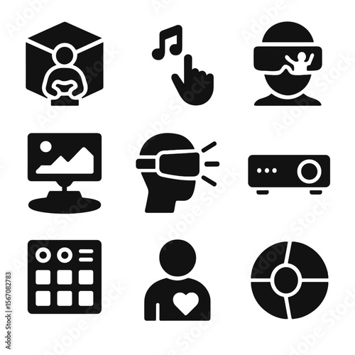 Futuristic Entertainment Icons. Solid, filled icon set of futuristic entertainment: immersive gaming cube, gesture music control,
