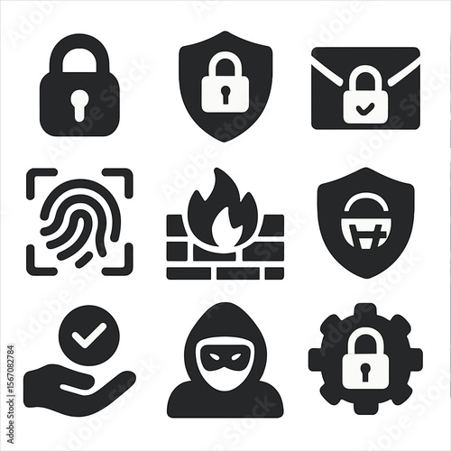 Digital Privacy Icons. Solid, filled icons set of digital rights and privacy: lock icon, data shield,