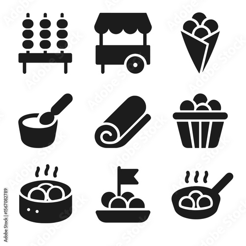 Street Food Icons. Solid, Filled icon set of street food and snack tasting: skewer stand, food cart, paper cone, dipping sauce,
