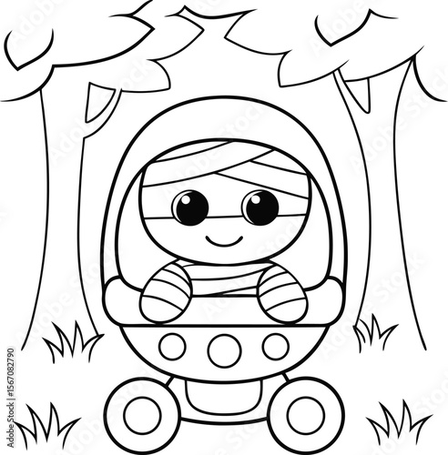 cute mummy baby in stroller  add grass and a tree .eps