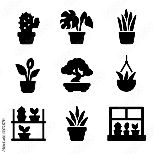 Indoor Plant Icon Set. Solid, filled icon set of indoor potted plants: cactus in pot, monstera in pot, snake plant, peace lily,