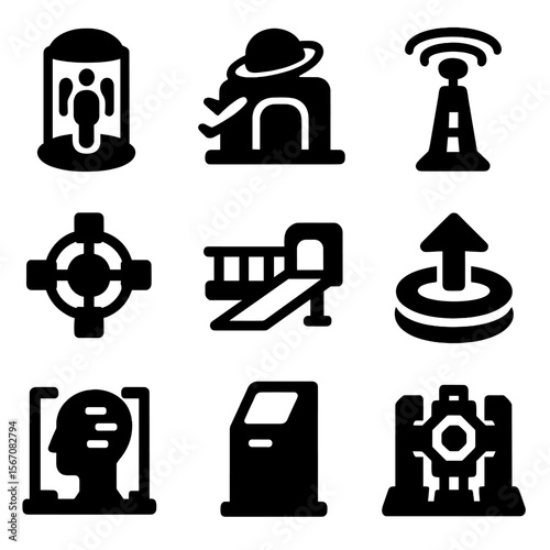 Futuristic Travel Icons. Solid, filled icon set of futuristic travel hubs: teleportation chamber, interplanetary terminal,