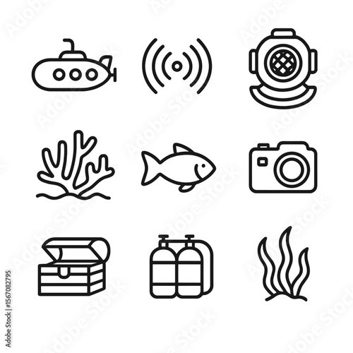 Deep-Sea Icon Set. Outline icon set of deep-sea exploration expeditions: submarine, sonar wave, diving helmet, coral reef, fish