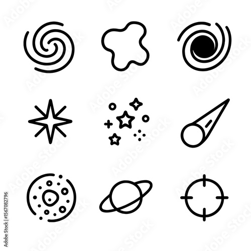Deep Space Icon Set. Outline icon set of deep space object viewer: spiral galaxy icon, nebula cloud shape, black hole event