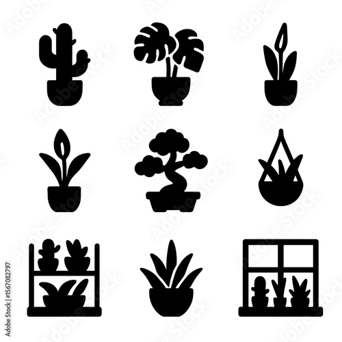 Indoor Plant Icon Set. Solid, filled icon set of indoor potted plants: cactus in pot, monstera in pot, snake plant, peace lily,
