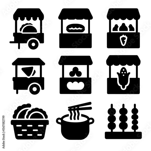 Street Food Icons. Solid, Filled icon set of local street food stalls: taco cart, banh mi stand, dumpling booth, sweet crepe wagon