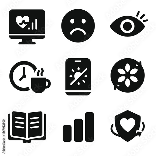 Digital Wellbeing Icons. Solid, filled icons set of digital wellbeing tools: wellness dashboard, mood tracker,