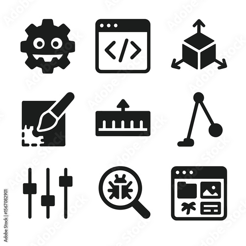 Game Development Icons. Solid, filled icon set of game development software: game engine, code editor, 3D model, texture paint,