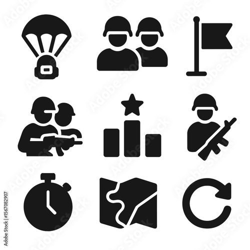 Gaming Mode Icons. Solid, filled icon set of game modes: battle royale, team deathmatch, capture the flag, co-op mission, solo