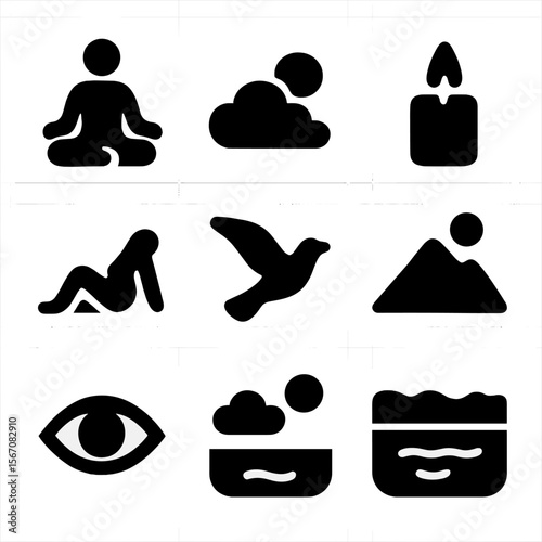 Inner Peace Icons. Solid, filled icon set of inner peace: meditating person, open sky, candle flame, water ripple, relaxed posture