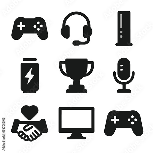 Gaming Icon Set. Solid, filled icon set of gaming sponsors: controller, headset, game console, energy drink, trophy, microphone,