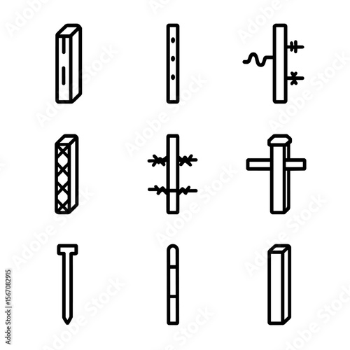 Fencing Posts Icons. Solid, filled icon set of types of stakes for fencing: wooden post, metal post, electric fence post, chain