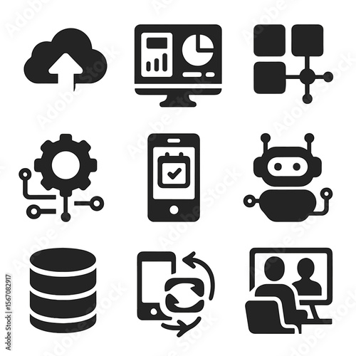 Digital Transformation Icons. Solid, filled icons set of small business digital transformation: cloud upload,