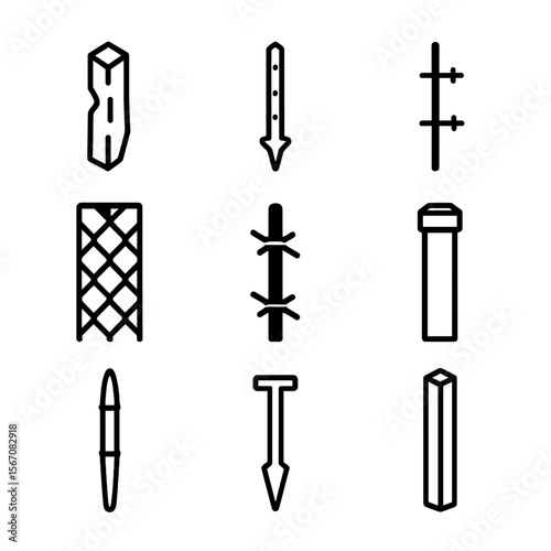 Fencing Posts Icons. Solid, filled icon set of types of stakes for fencing: wooden post, metal post, electric fence post, chain