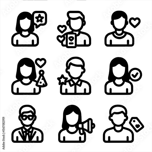 Influencer Icon Set. Solid, filled icon set of influencer types: mega influencer, macro influencer, micro influencer, nano