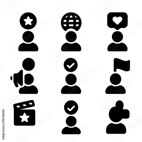 Influencer Icon Set. Solid, filled icon set of influencer types: mega influencer, macro influencer, micro influencer, nano