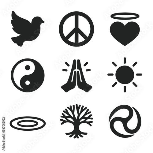Inner Peace Symbols. Solid, filled icon set of inner peace symbols: dove, peace sign, heart with halo, yin-yang, prayer hands,