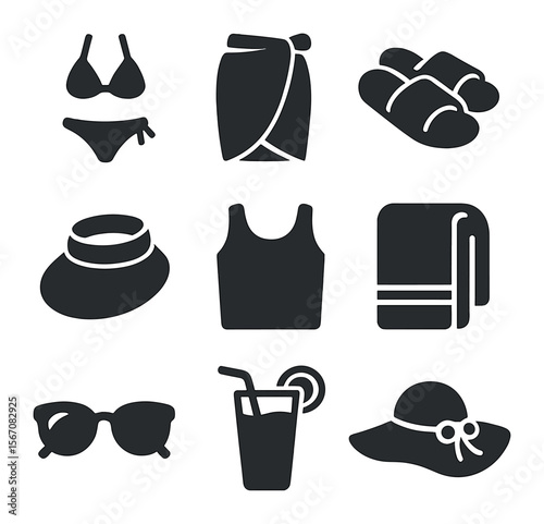 Poolside Fashion Icons. Solid, filled icons set of poolside fashion: bikini, sarong, pool sandals, sun visor,