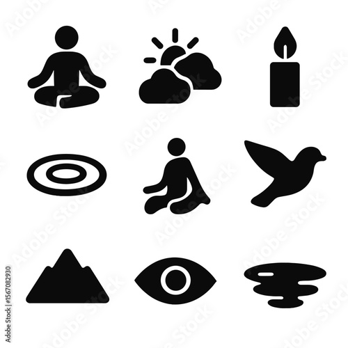 Inner Peace Icons. Solid, filled icon set of inner peace: meditating person, open sky, candle flame, water ripple, relaxed posture