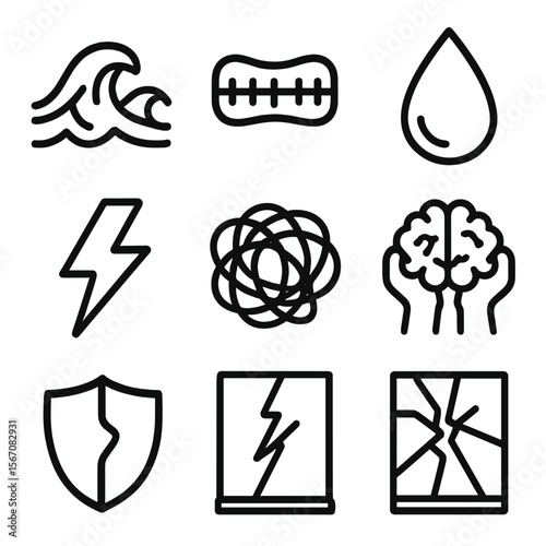 Inner Turmoil Icons. Solid, filled icon set of inner turmoil: stormy sea, breaking waves, clenched jaw, teardrop, lightning bolt,