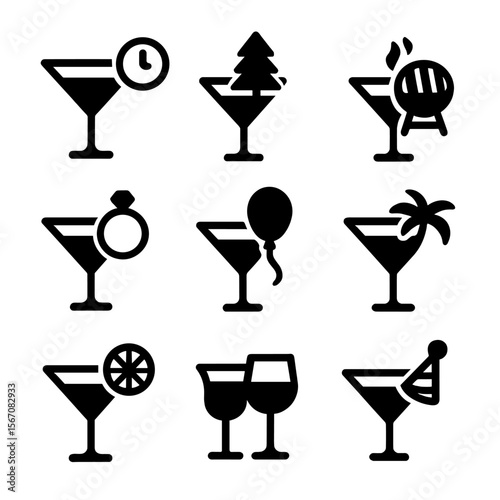 Festive Cocktail Icons. Solid, filled icon set of festive cocktail occasions: New Year's Eve, Christmas party, summer BBQ, wedding