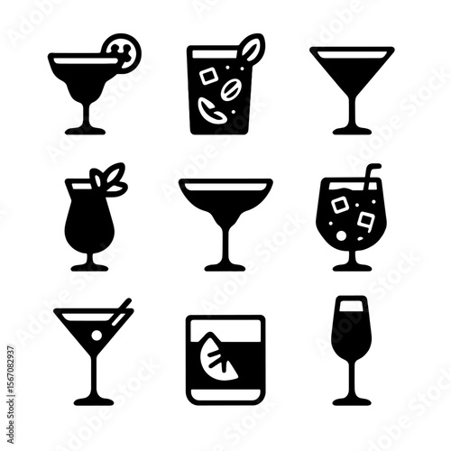 Festive Cocktail Icons. Solid, filled icon set of festive cocktails: margarita, mojito, cosmopolitan, piña colada, daiquiri,
