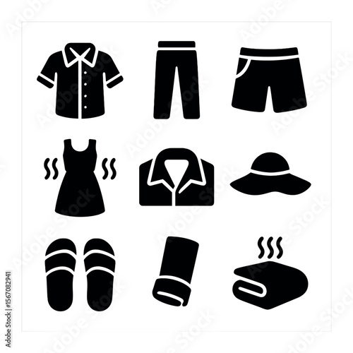 Linen Clothing Icons. Solid, filled icons set of linen clothing: linen shirt, relaxed pants, shorts,